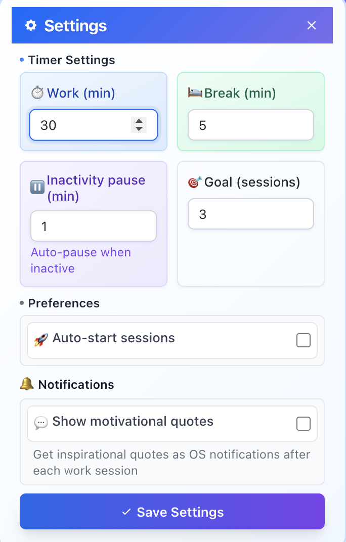 LockIn comprehensive settings panel